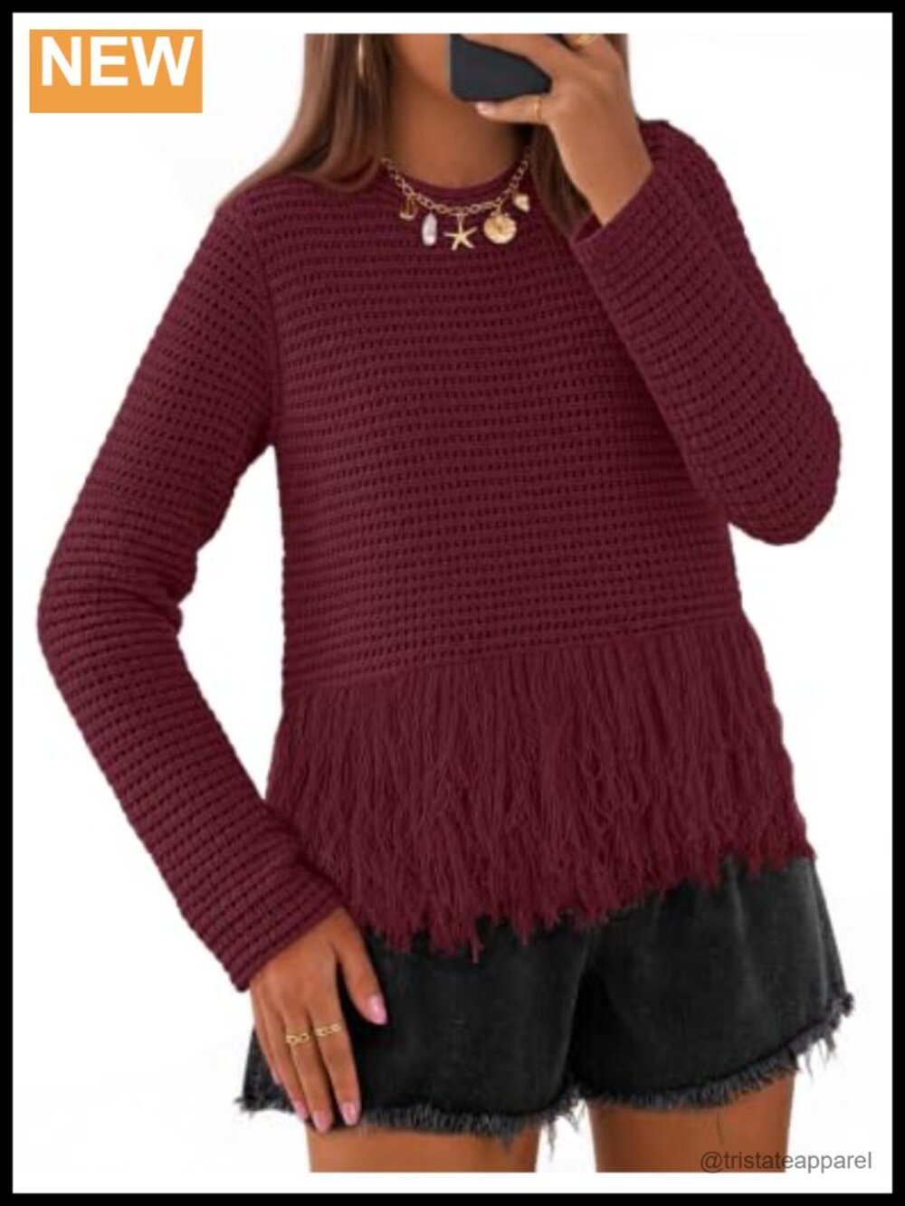 Women's Crochet Fringe Sweater Boho Pullover Long Sleeve Crew Neck